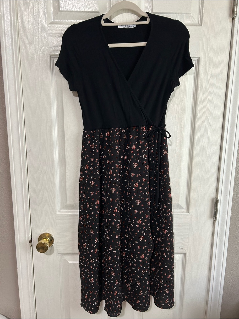 Chris & Carol Black Wrap Midi Dress with Pink Floral Skirt